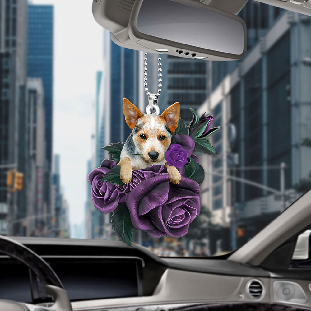 Heeler In Purple Rose Car Hanging Ornament