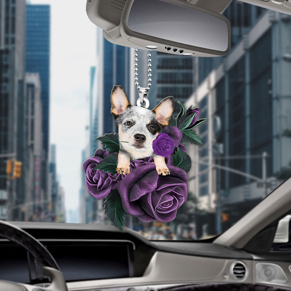 Heeler In Purple Rose Car Hanging Ornament