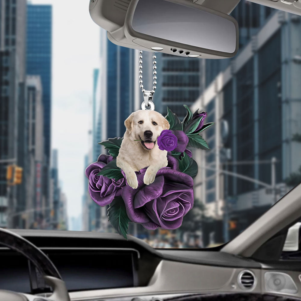 Great Pyrenees In Purple Rose Car Hanging Ornament