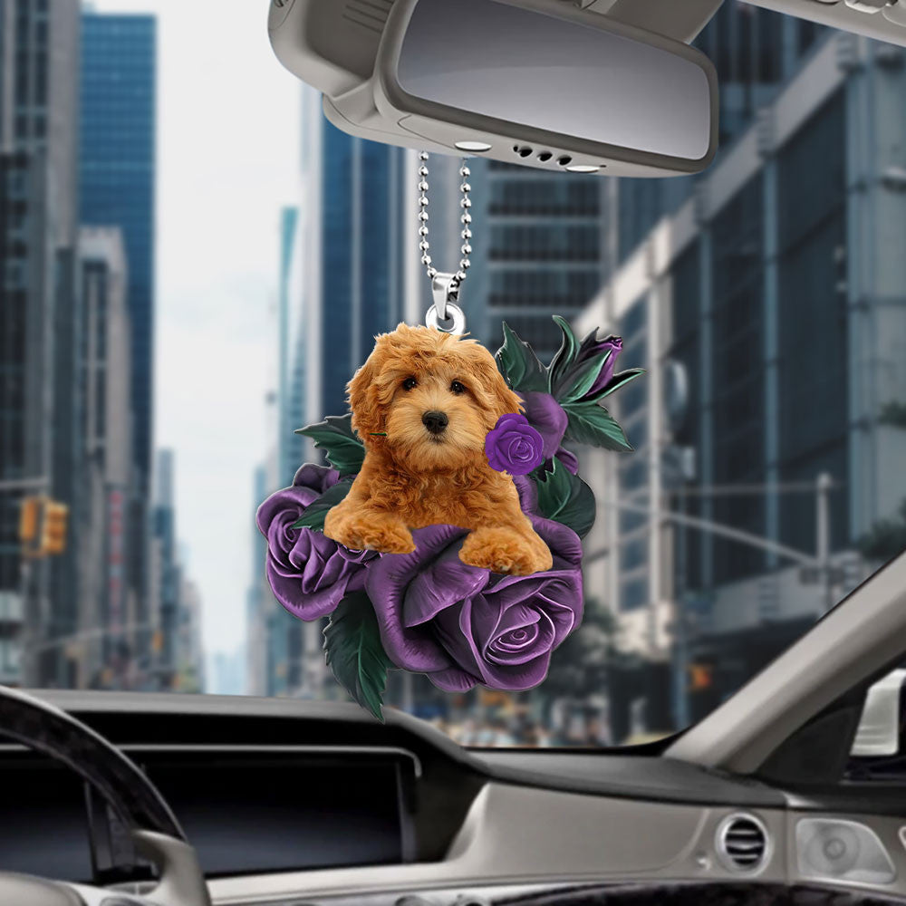 Goldendoodle In Purple Rose Car Hanging Ornament