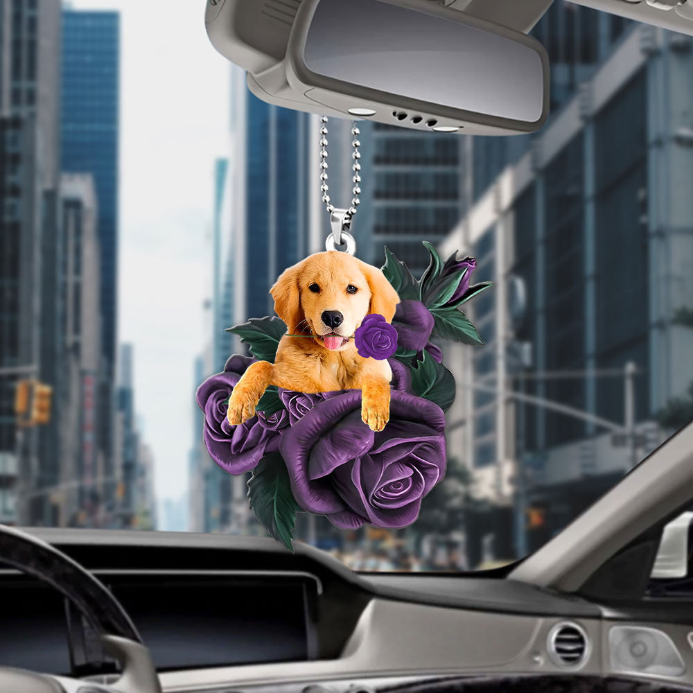 Golden Retriever In Purple Rose Car Hanging Ornament