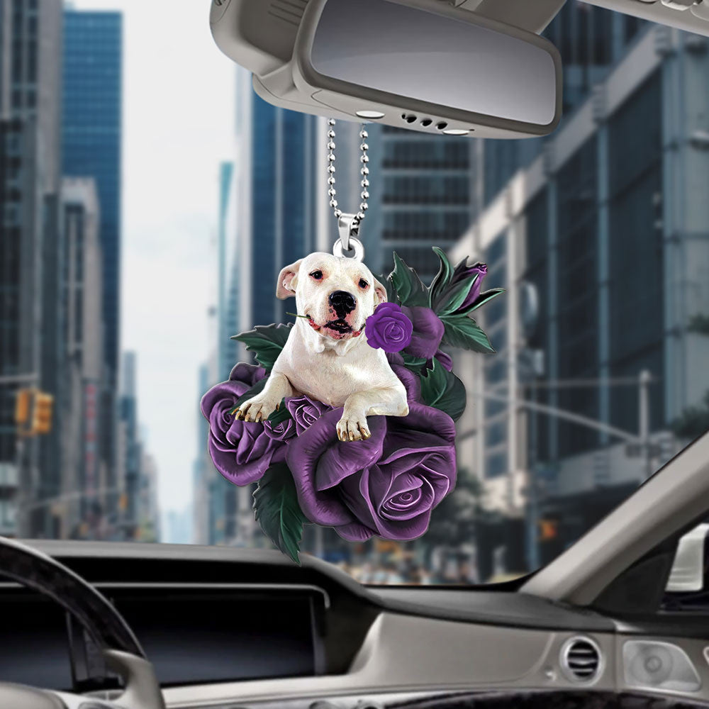 Dogo Argentino In Purple Rose Car Hanging Ornament