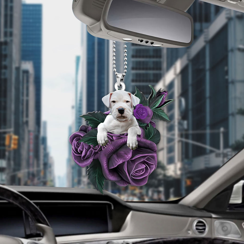 Dogo Argentino In Purple Rose Car Hanging Ornament