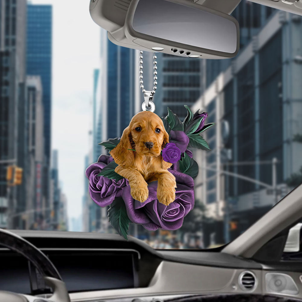 English Cocker Spaniel In Purple Rose Car Hanging Ornament