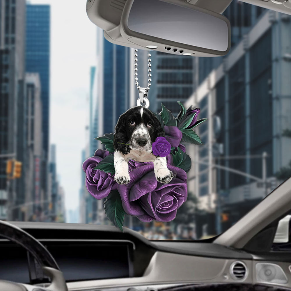 English Springer Spaniel In Purple Rose Car Hanging Ornament