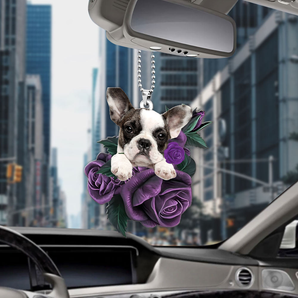 French Bulldog In Purple Rose Car Hanging Ornament