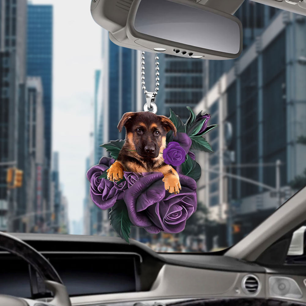 German Shepherd In Purple Rose Car Hanging Ornament