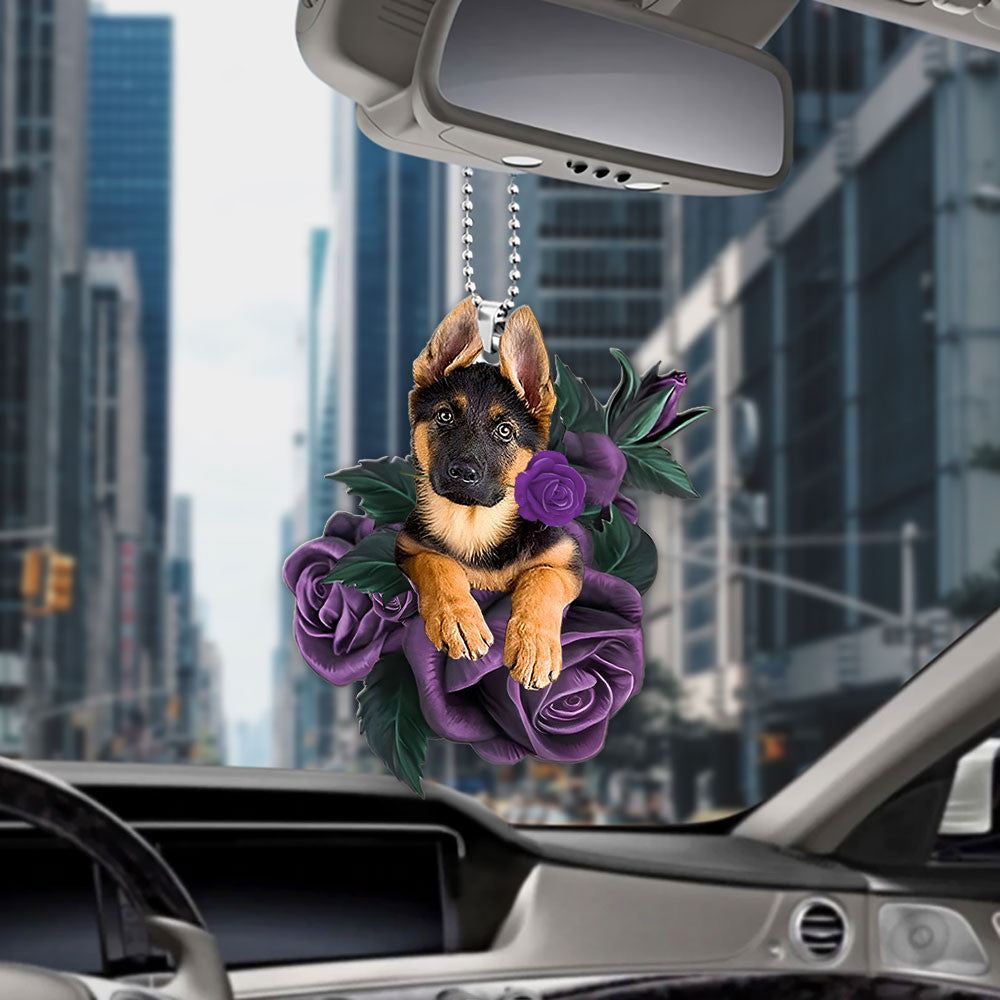 German Shepherd In Purple Rose Car Hanging Ornament