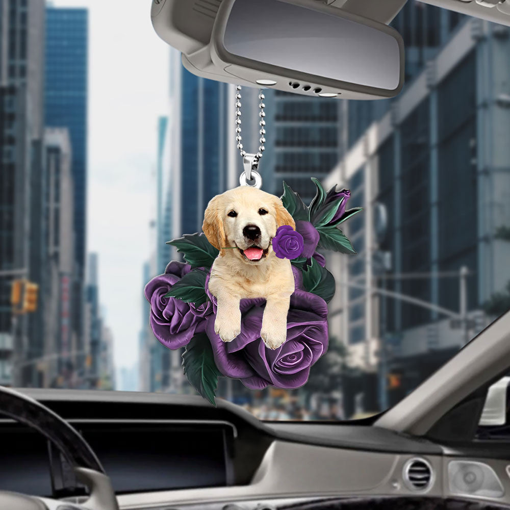 Golden Retriever In Purple Rose Car Hanging Ornament