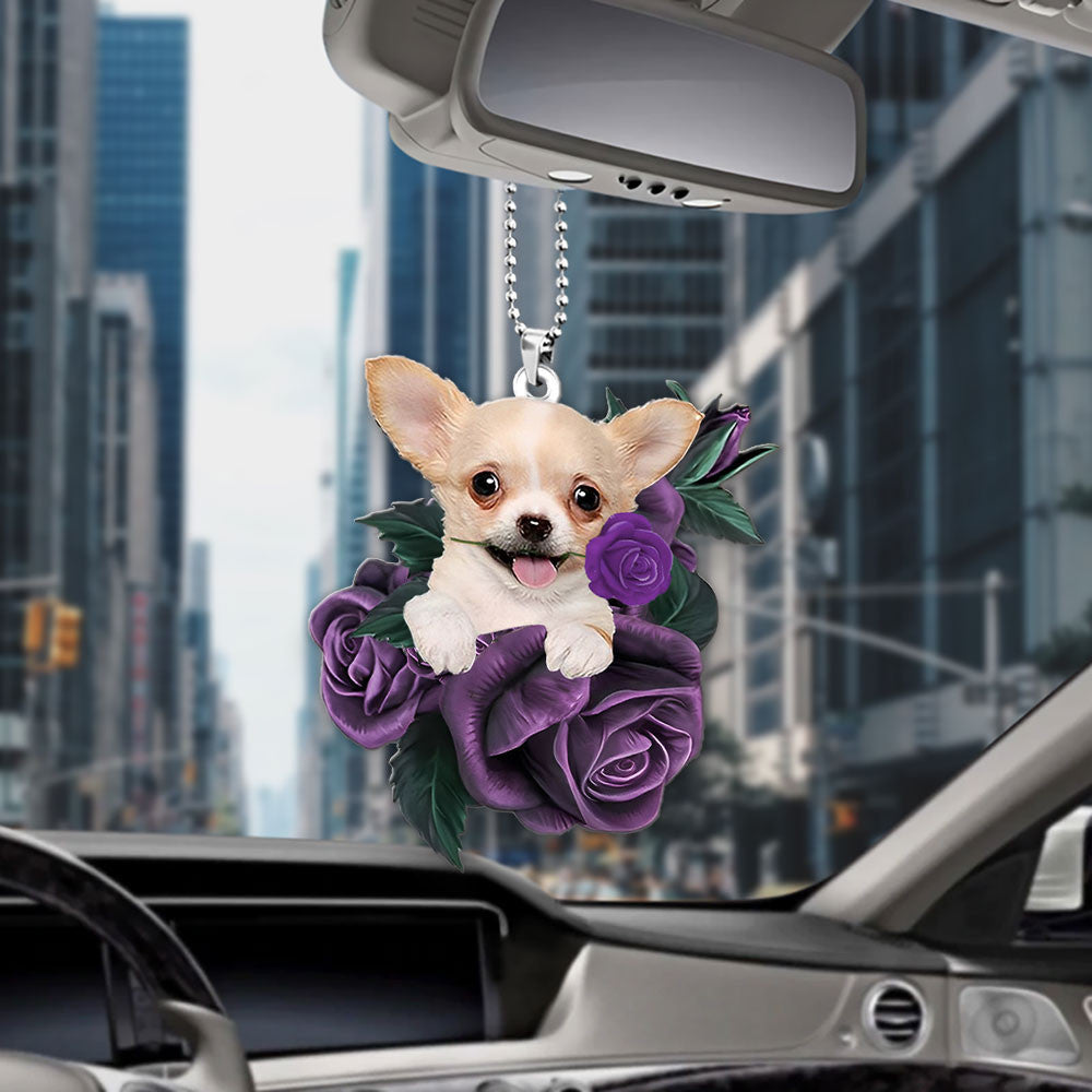 Chihuahua In Purple Rose Car Hanging Ornament