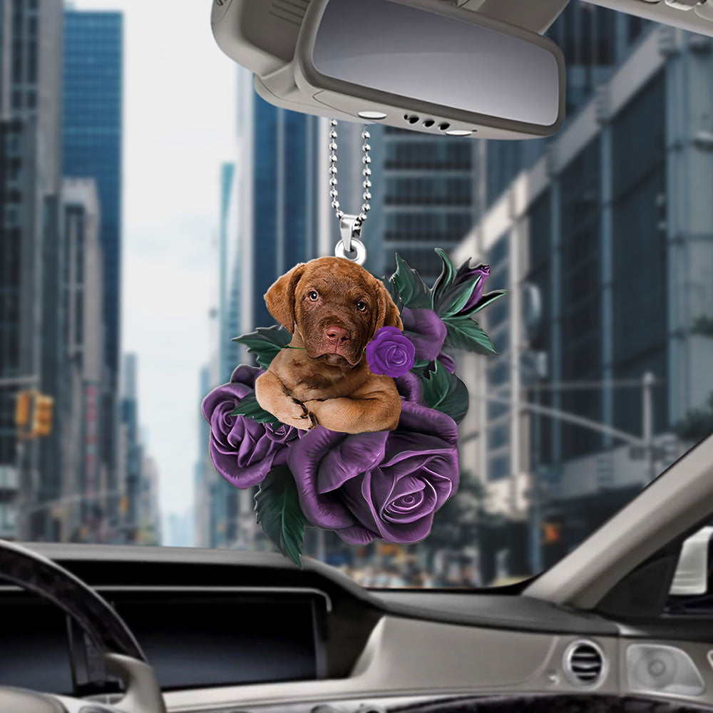 Chesapeake Bay Retriever In Purple Rose Car Hanging Ornament