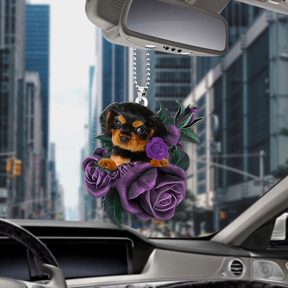 Cavalier King Charles Spaniel In Purple Rose Car Hanging Ornament