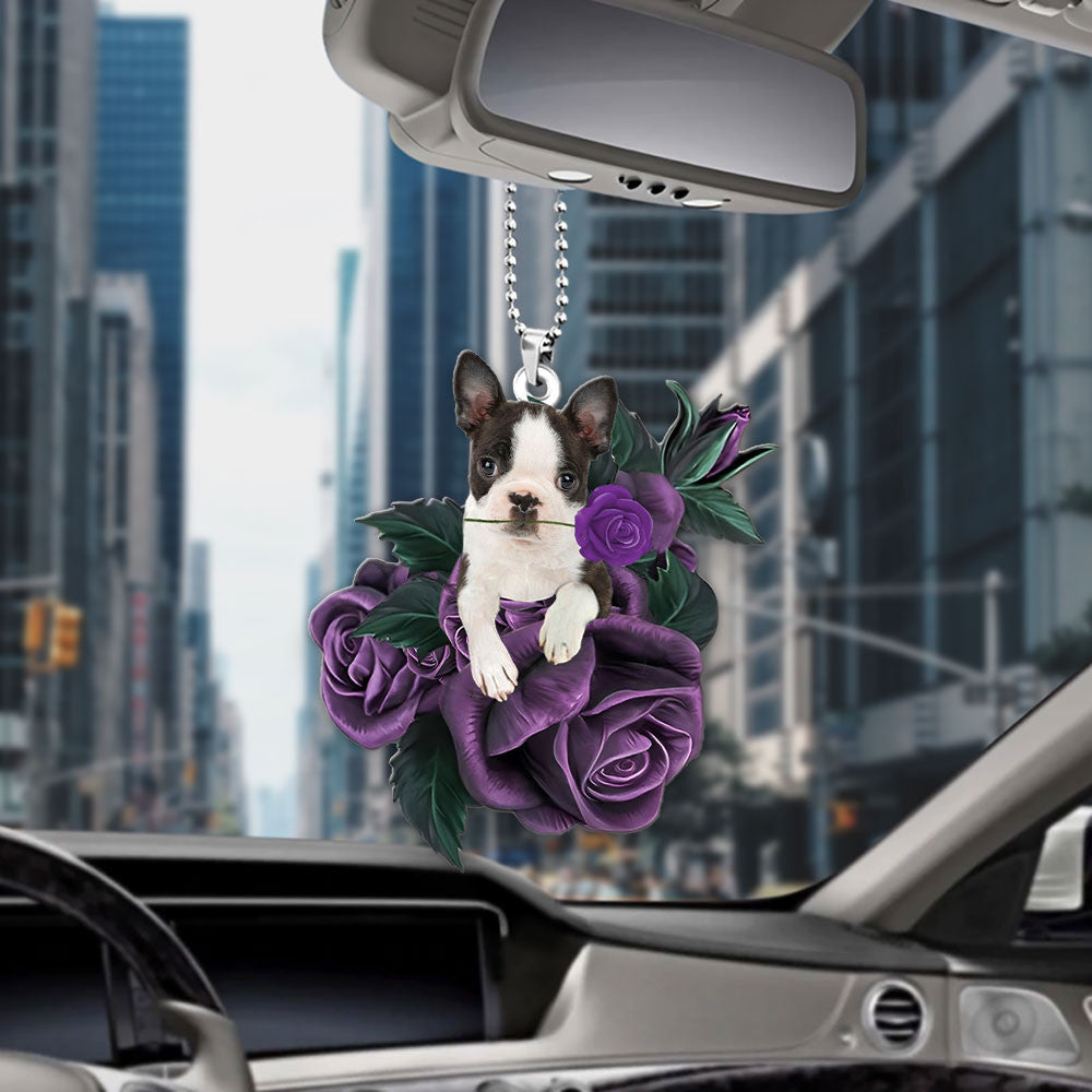 Boston Terrier In Purple Rose Car Hanging Ornament