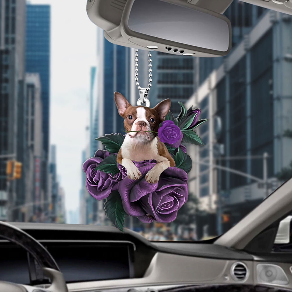Boston Terrier In Purple Rose Car Hanging Ornament