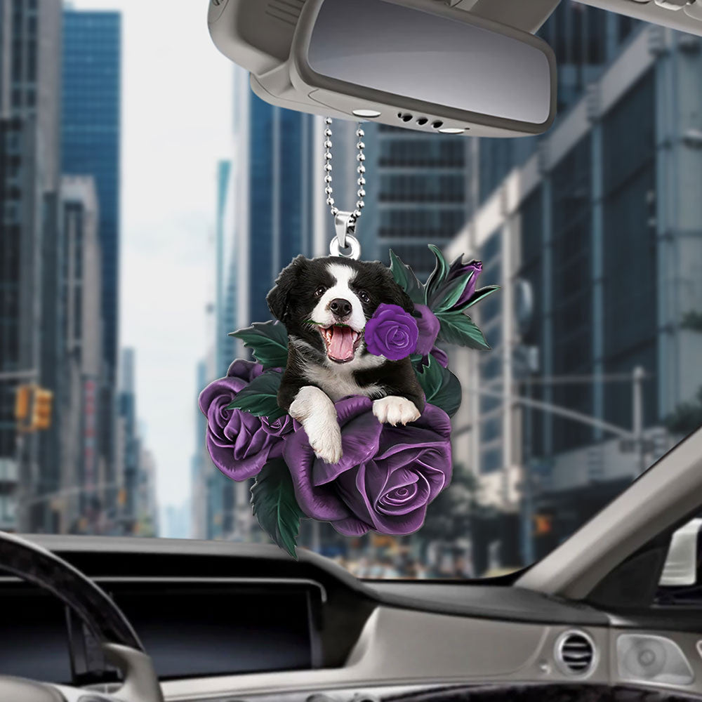 Border Collies In Purple Rose Car Hanging Ornament