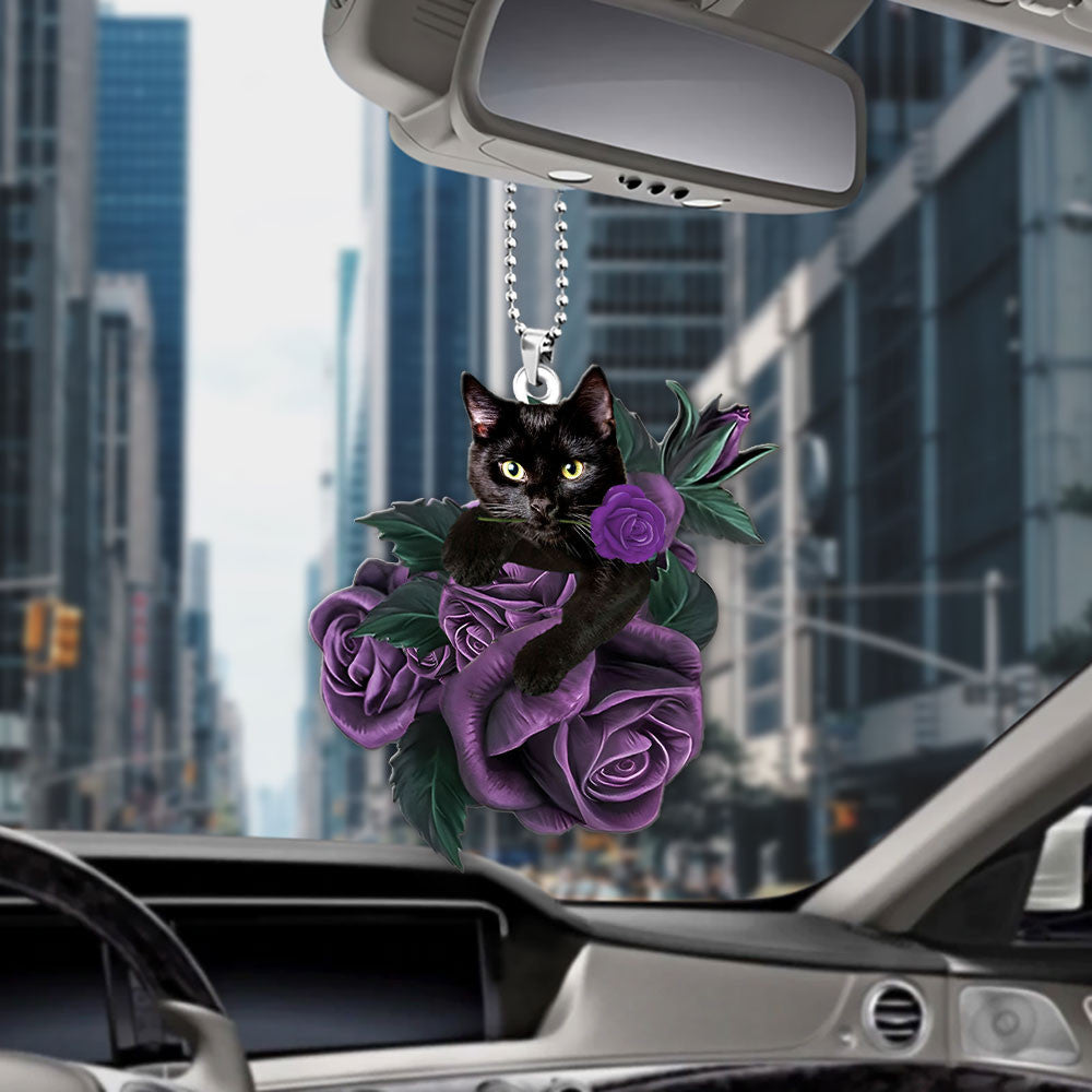 Black Cat In Purple Rose Car Hanging Ornament