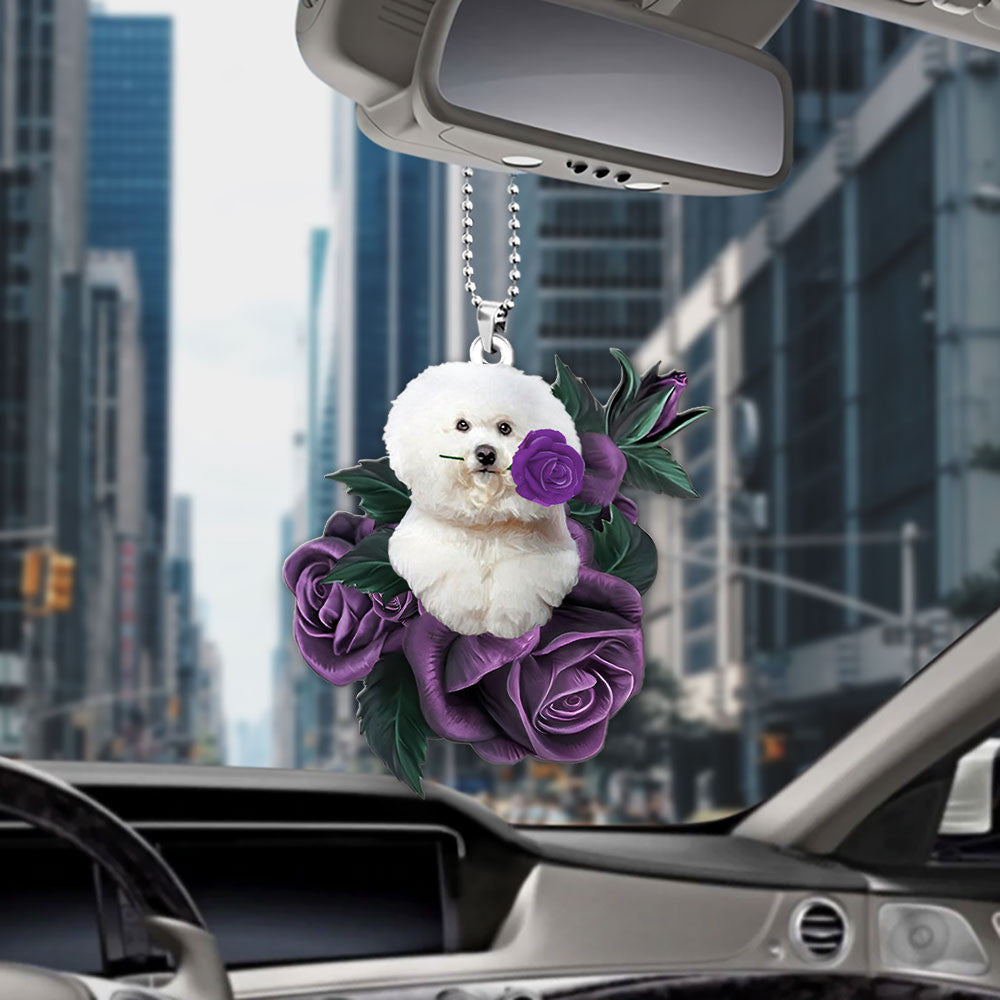Bichon Frise In Purple Rose Car Hanging Ornament