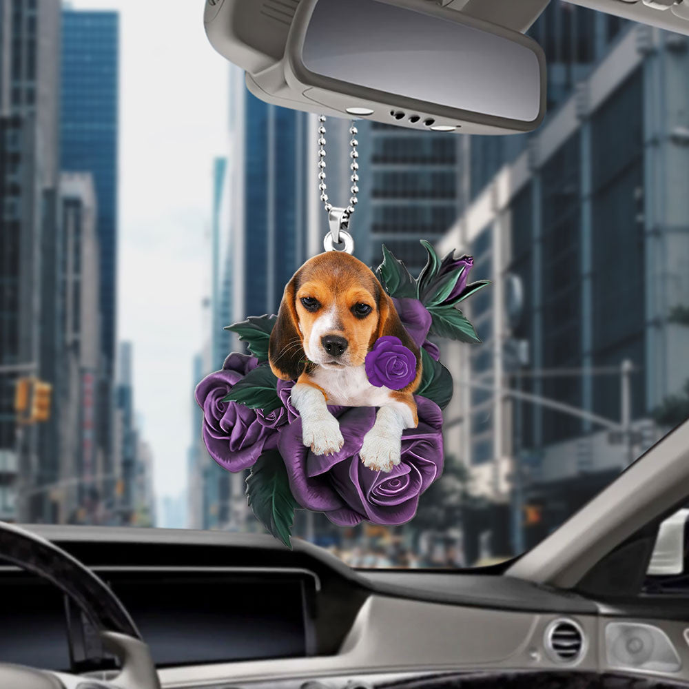 Beagle In Purple Rose Car Hanging Ornament