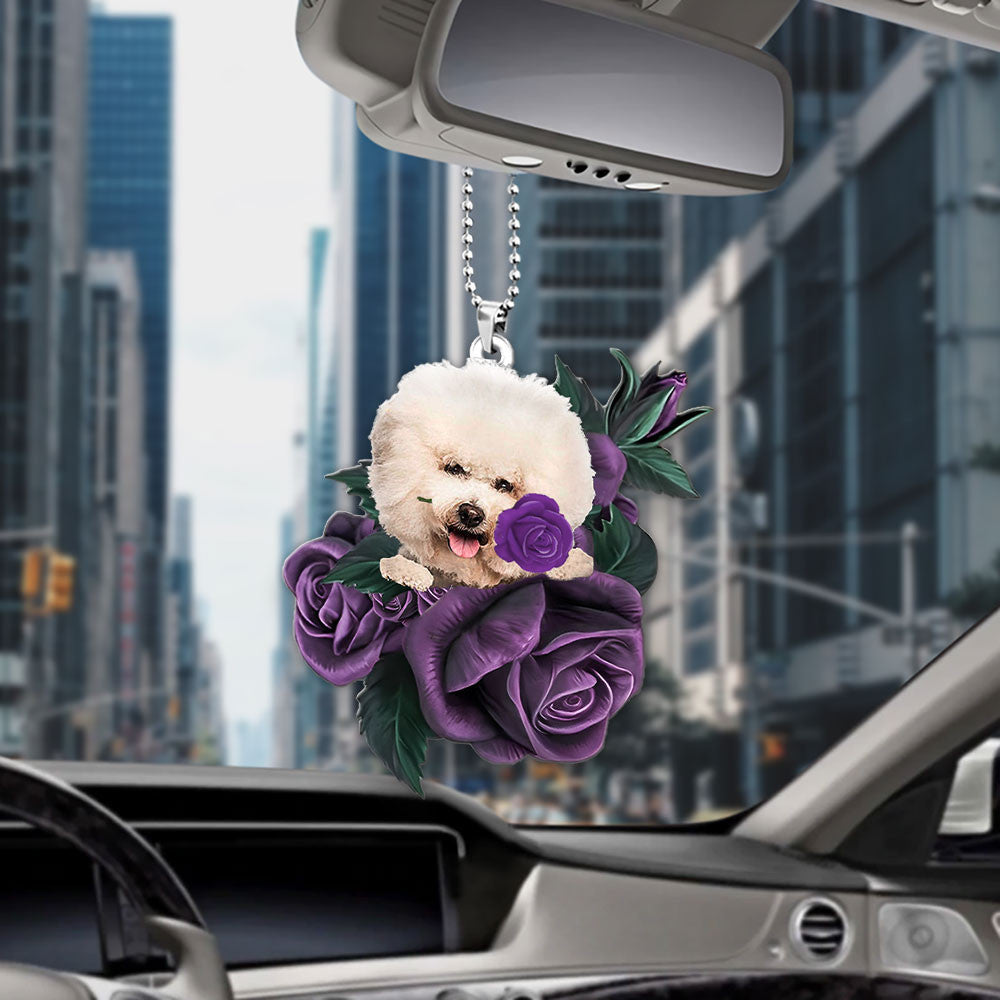 Bichon Frise In Purple Rose Car Hanging Ornament