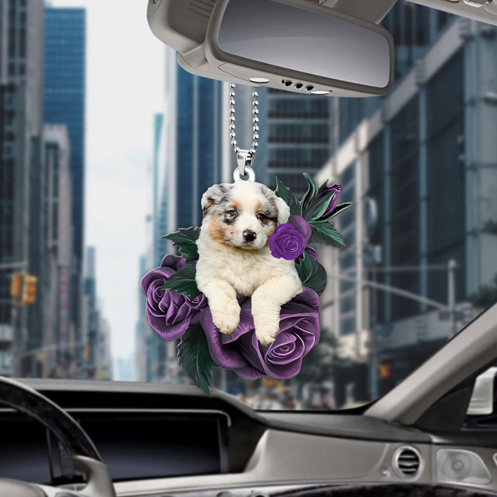 Australian Shepherd In Purple Rose Car Hanging Ornament