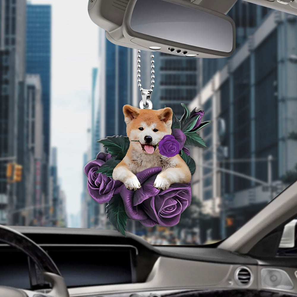 Akita Inu In Purple Rose Car Hanging Ornament