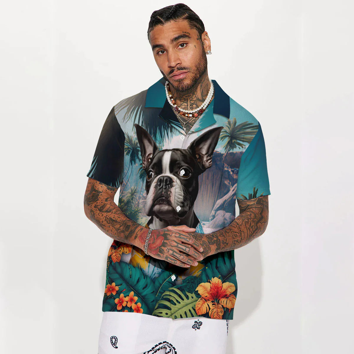 Boston Terrier AI - 3D Tropical Hawaiian Shirt