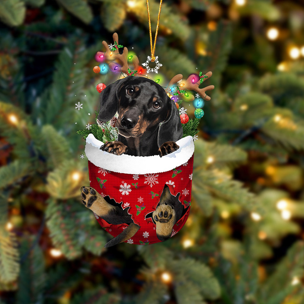 Black Dachshund In Snow Pocket Christmas Ornament