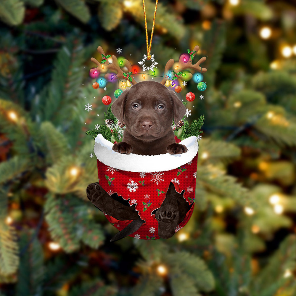 Chocolate Labrador In Snow Pocket Christmas Ornament