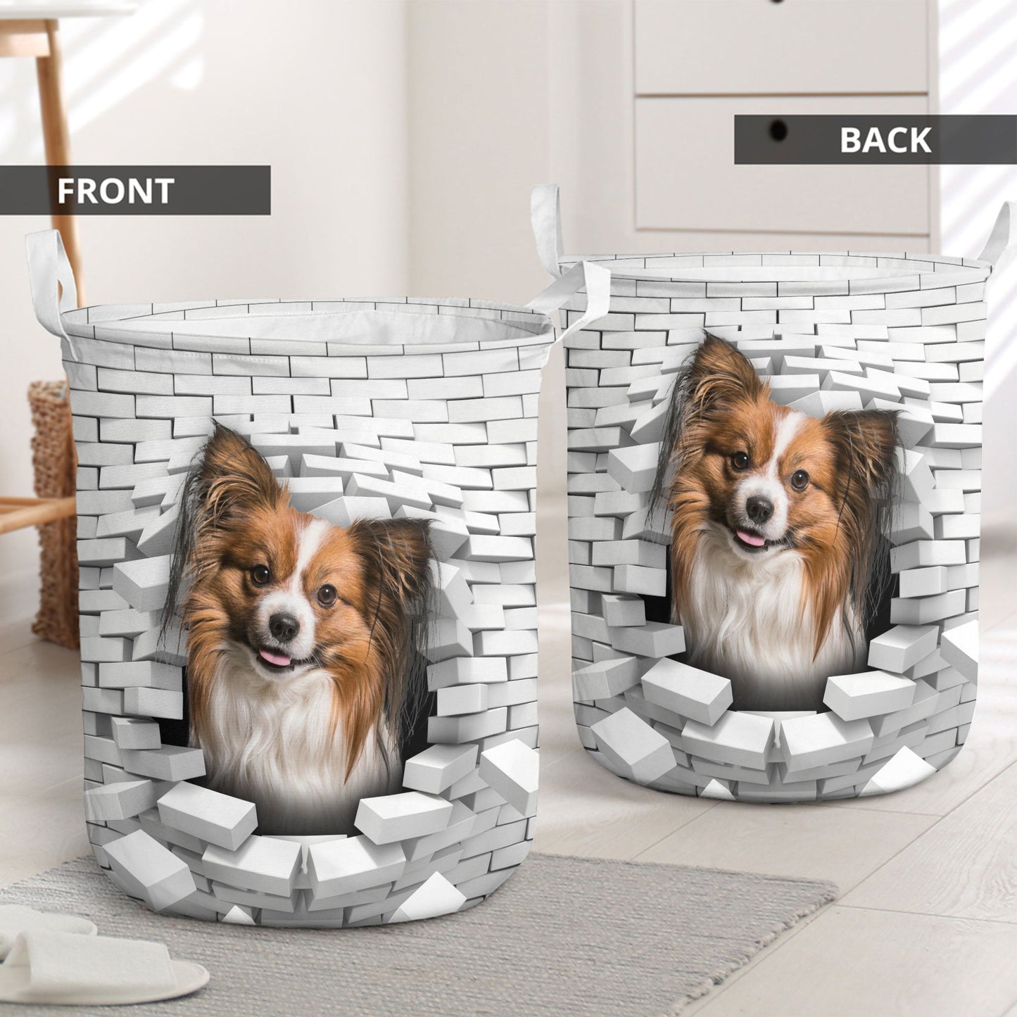 Papillon Dog - In The Hole Of Wall Pattern Laundry Basket