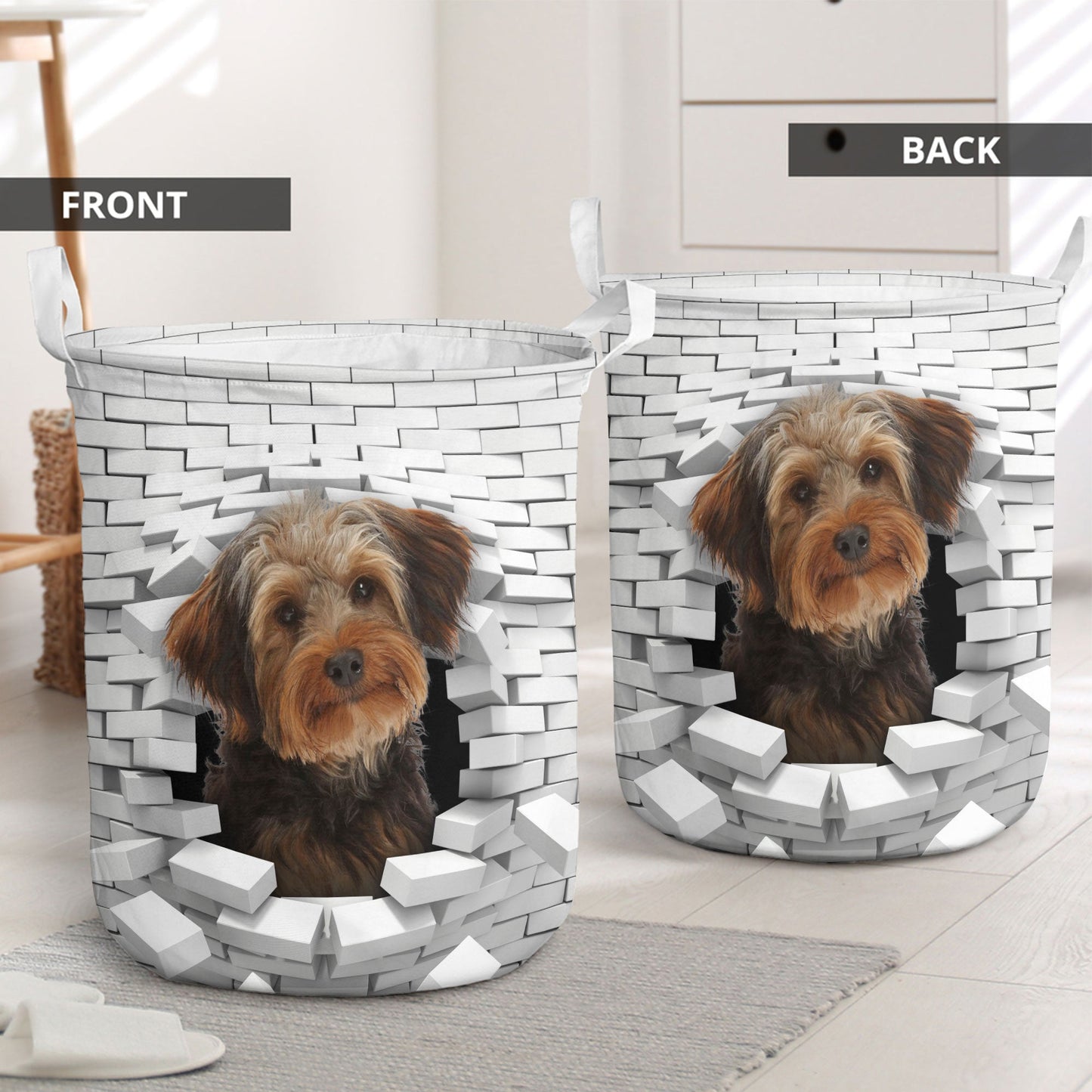 Yorkie-Poo - In The Hole Of Wall Pattern Laundry Basket