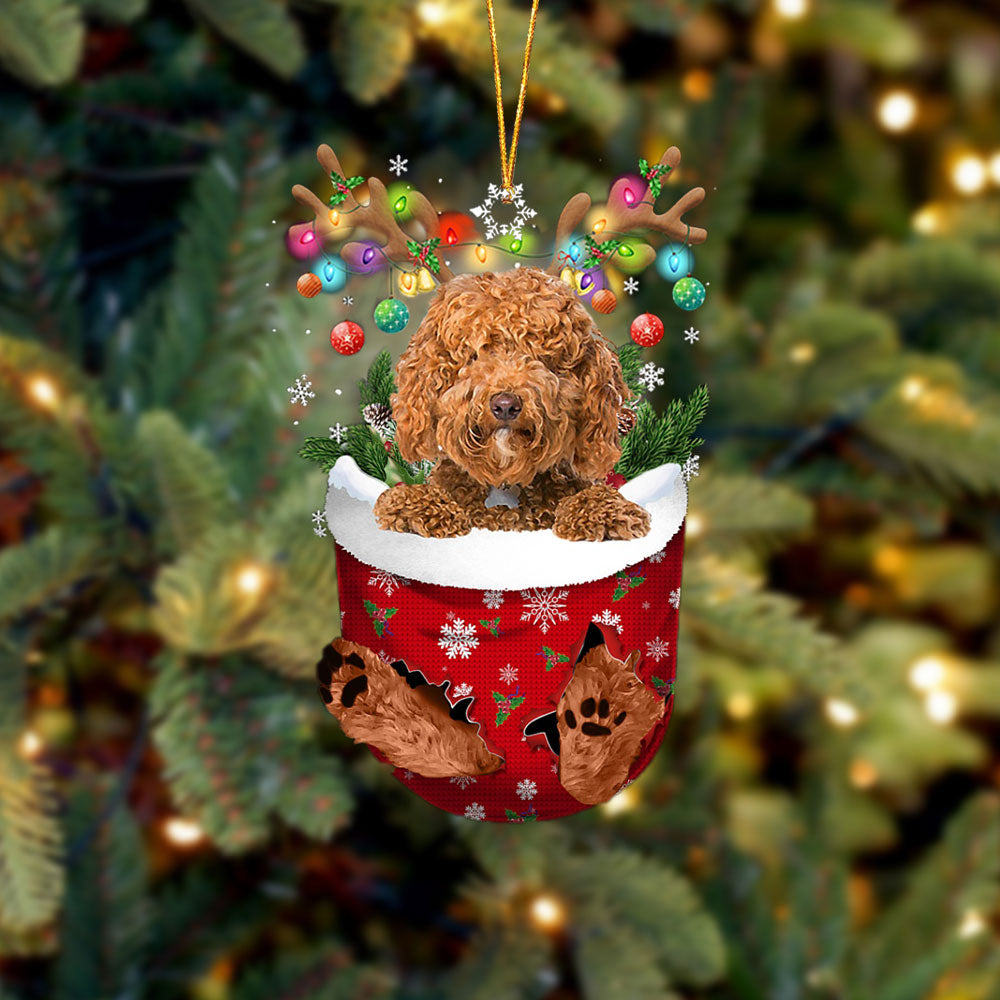 Red Labradoodle In Snow Pocket Christmas Ornament