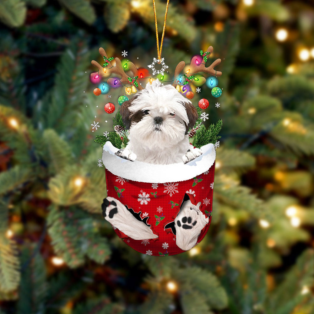 White Shih Tzu In Snow Pocket Christmas Ornament