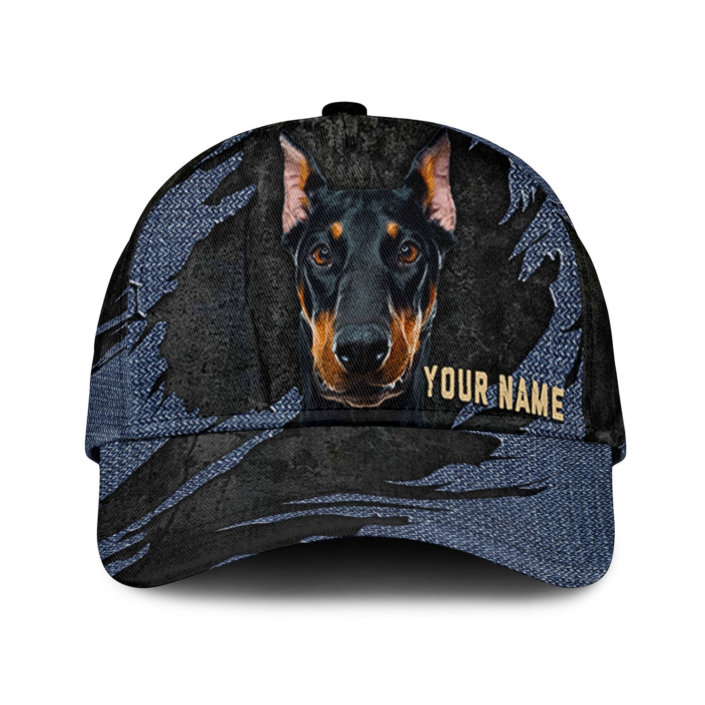 Doberman Pinscher - Jean Background Custom Name Cap