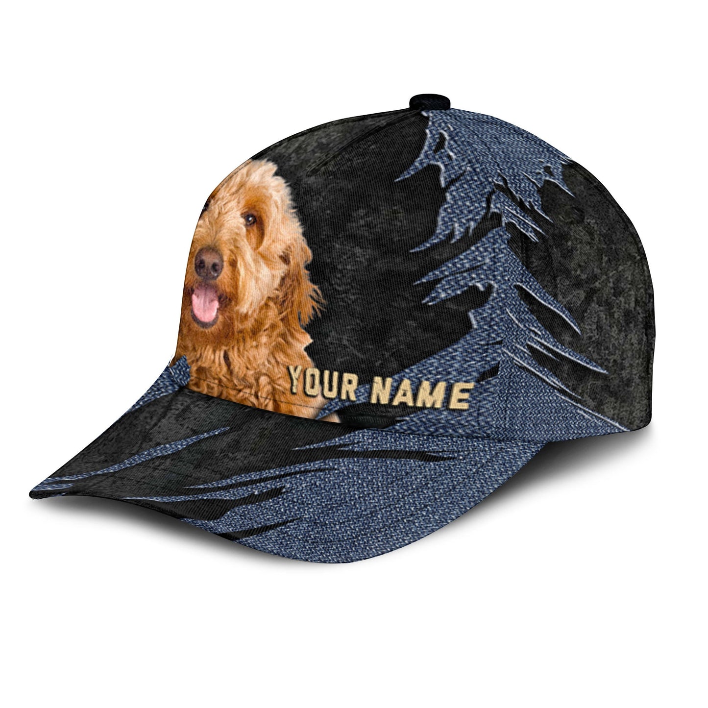 Goldendoodle - Jean Background Custom Name Cap