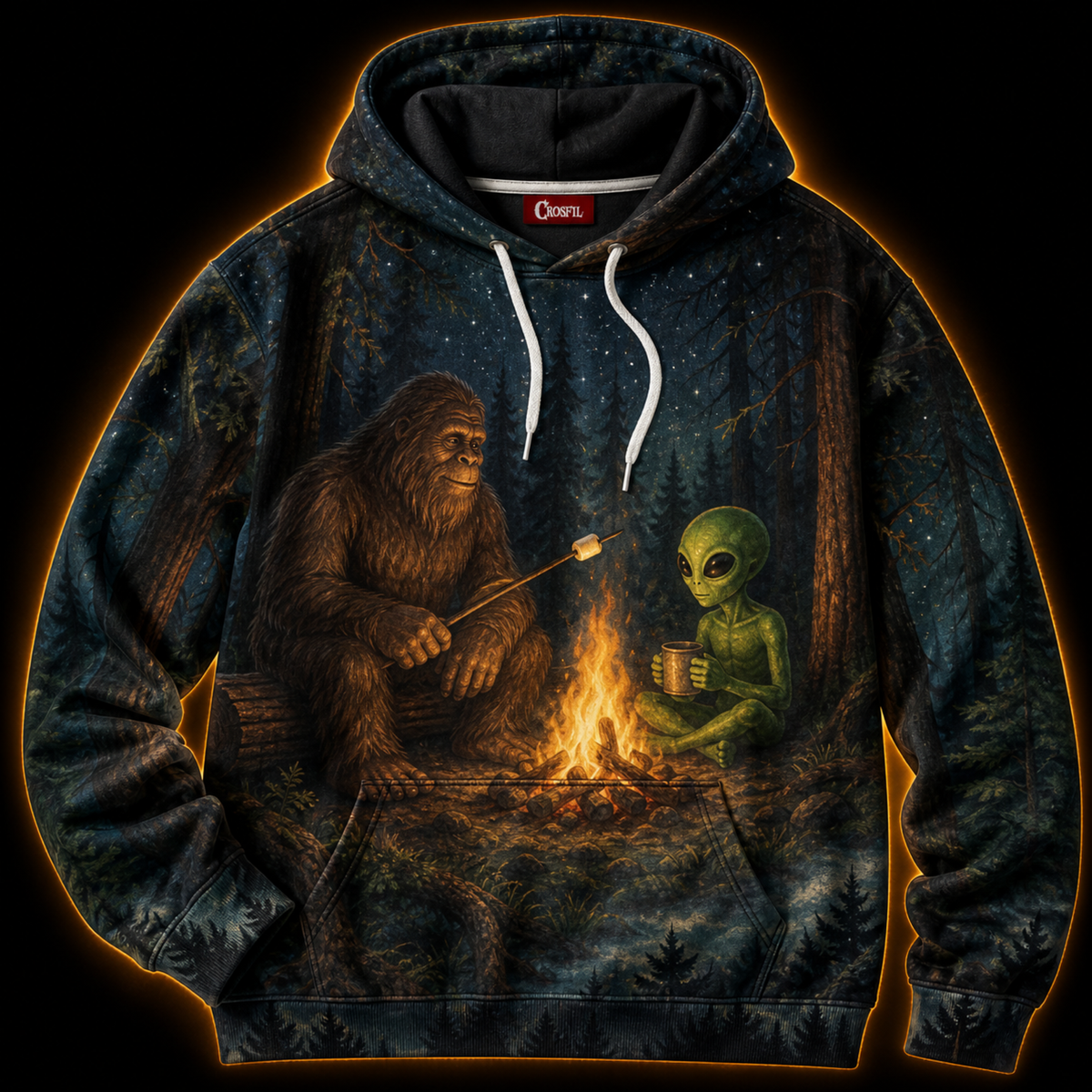 Crosfil Alibi Hoodie — Bigfoot & Alien Campfire Cryptid Print