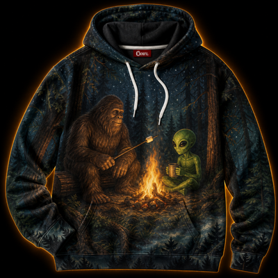 Crosfil Alibi Hoodie — Bigfoot & Alien Campfire Cryptid Print