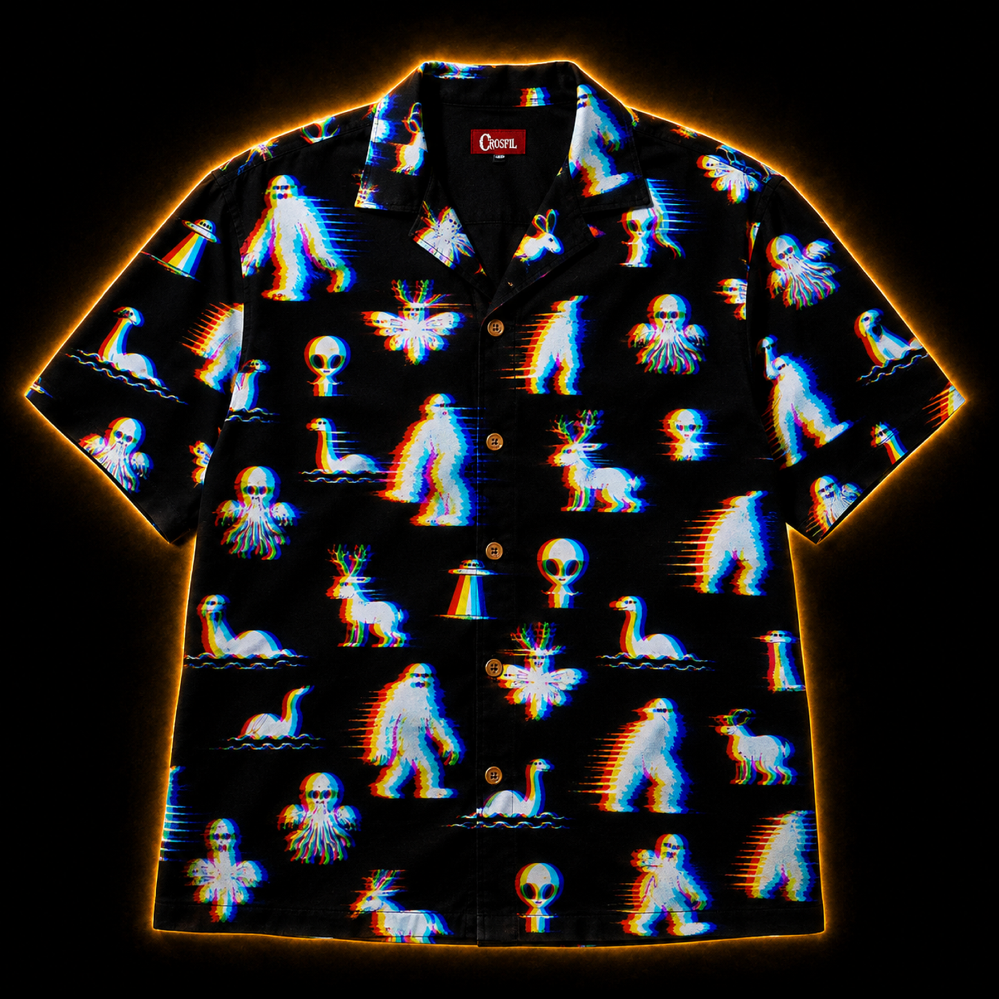 Crosfil Bad Footage Hawaiian Shirt — Glitch Cryptid VHS All-Over Print
