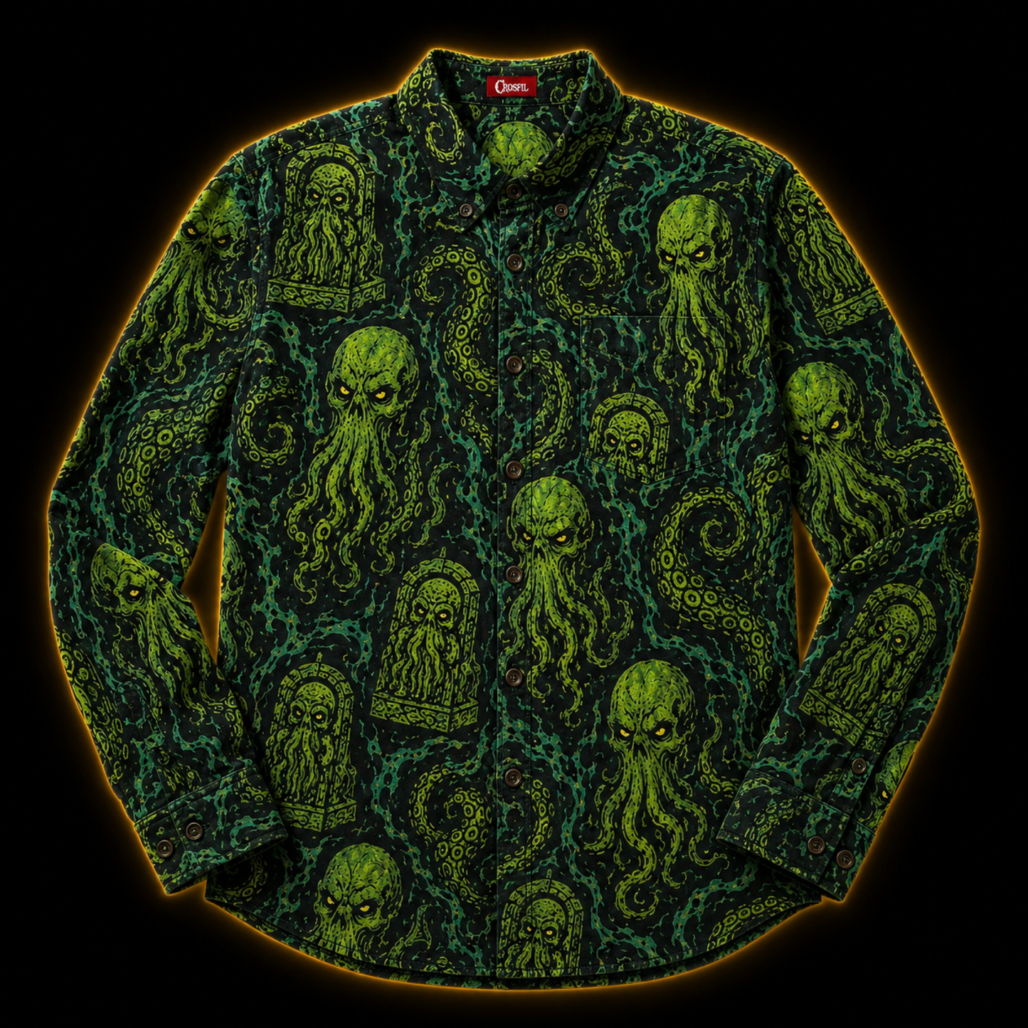 Crosfil Cthulhu Necropolis Long Sleeve Shirt — Green Eldritch Idol All-Over Print