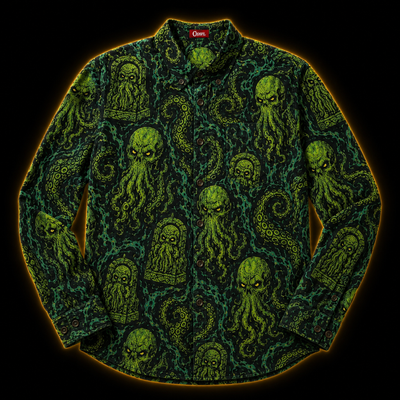 Crosfil Cthulhu Necropolis Long Sleeve Shirt — Green Eldritch Idol All-Over Print