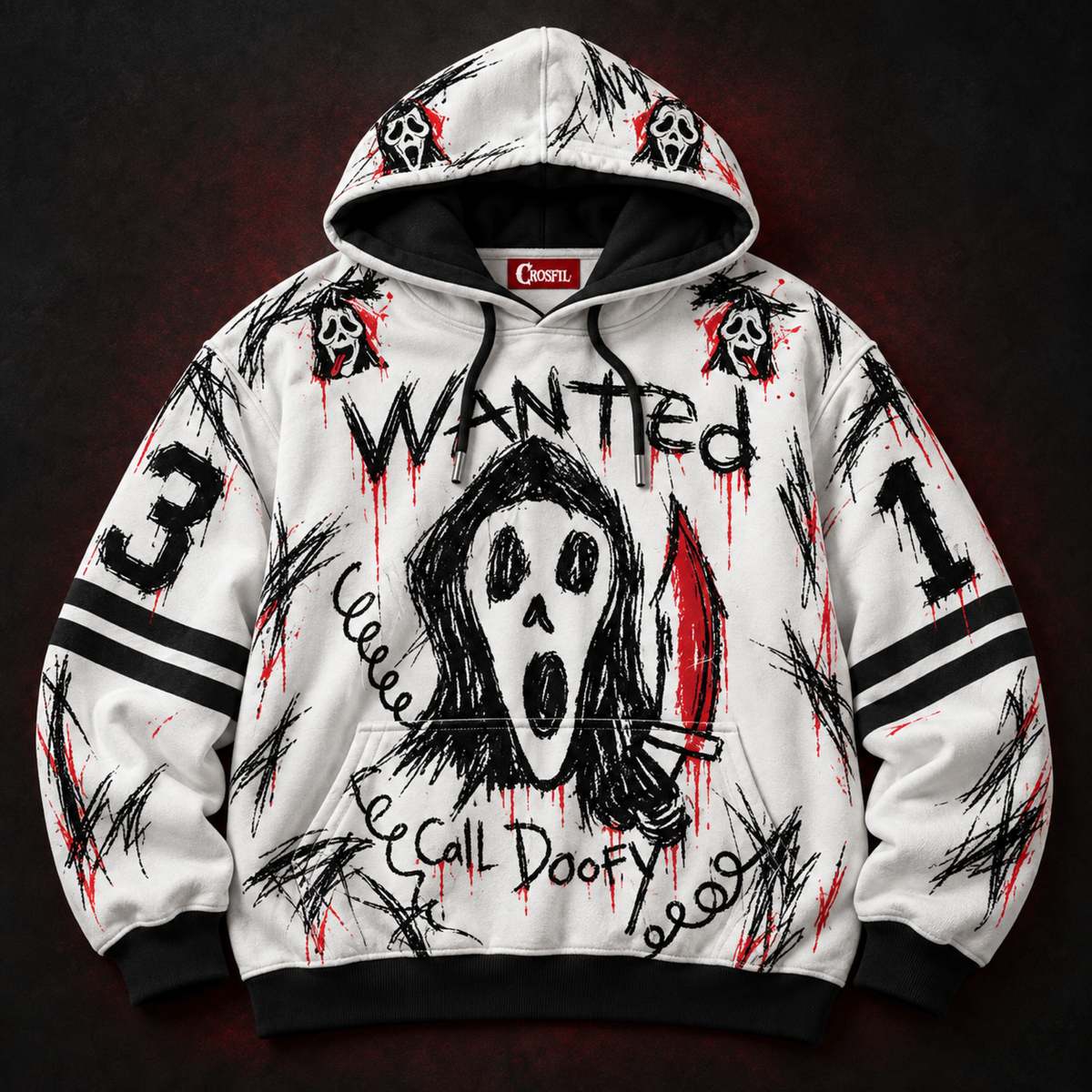 WAZAAA 13 Unisex Hoodie — Wanted Poster Scribble Horror Print