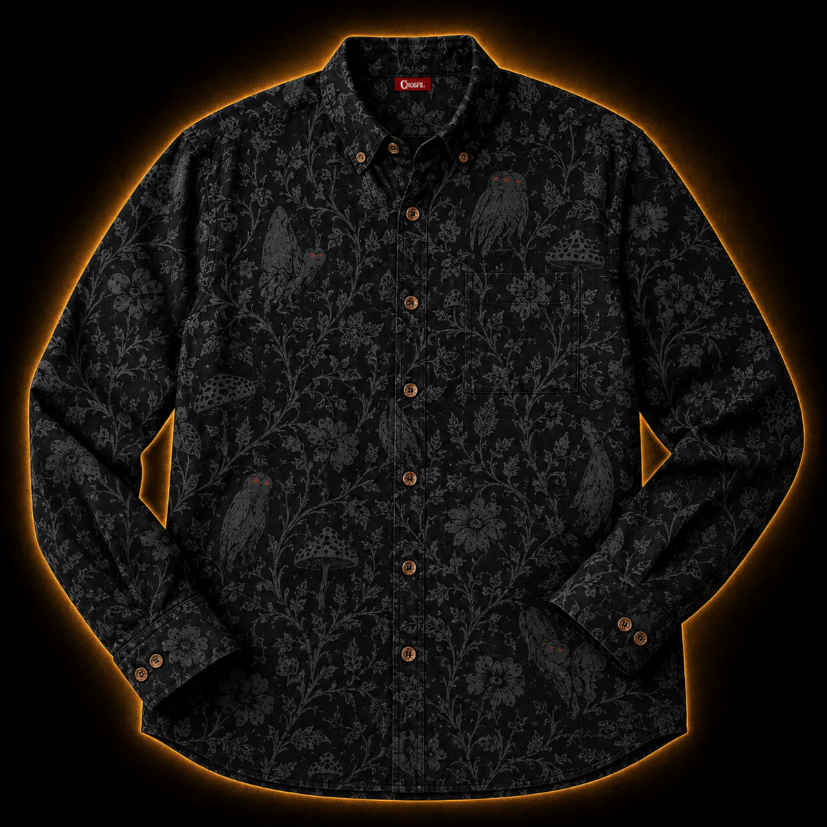 Crosfil Mothman Damask Long Sleeve Shirt — Black Gothic Floral Cryptid Print