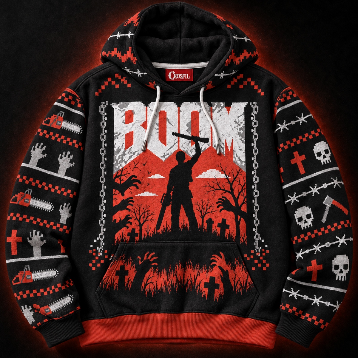 BOOM Unisex Hoodie — 8-Bit Horror Ugly Sweater Print
