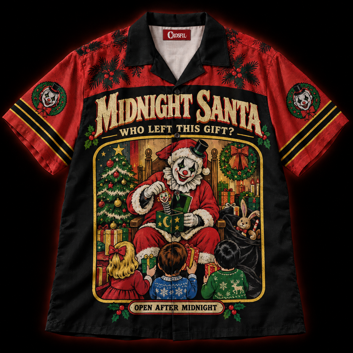Midnight Santa Hawaiian Shirt — Vintage Horror Clown Christmas Print
