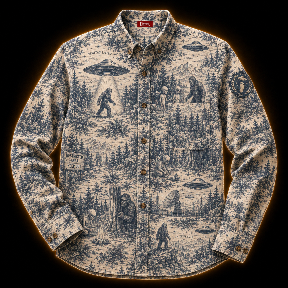 Crosfil Cryptid Toile Long Sleeve Shirt — Bigfoot & UFO Vintage Toile Print
