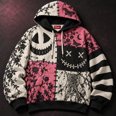 Patchwork Grin Unisex Hoodie — Stitched Smile Pink Gothic Print