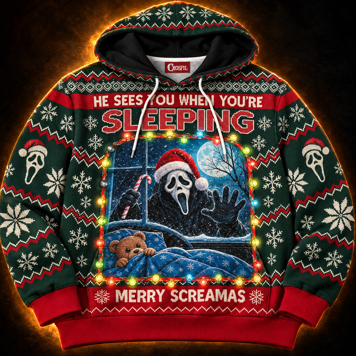 He Sees You When You’re Sleeping Unisex Hoodie — Merry Screamas Knit-Look Print