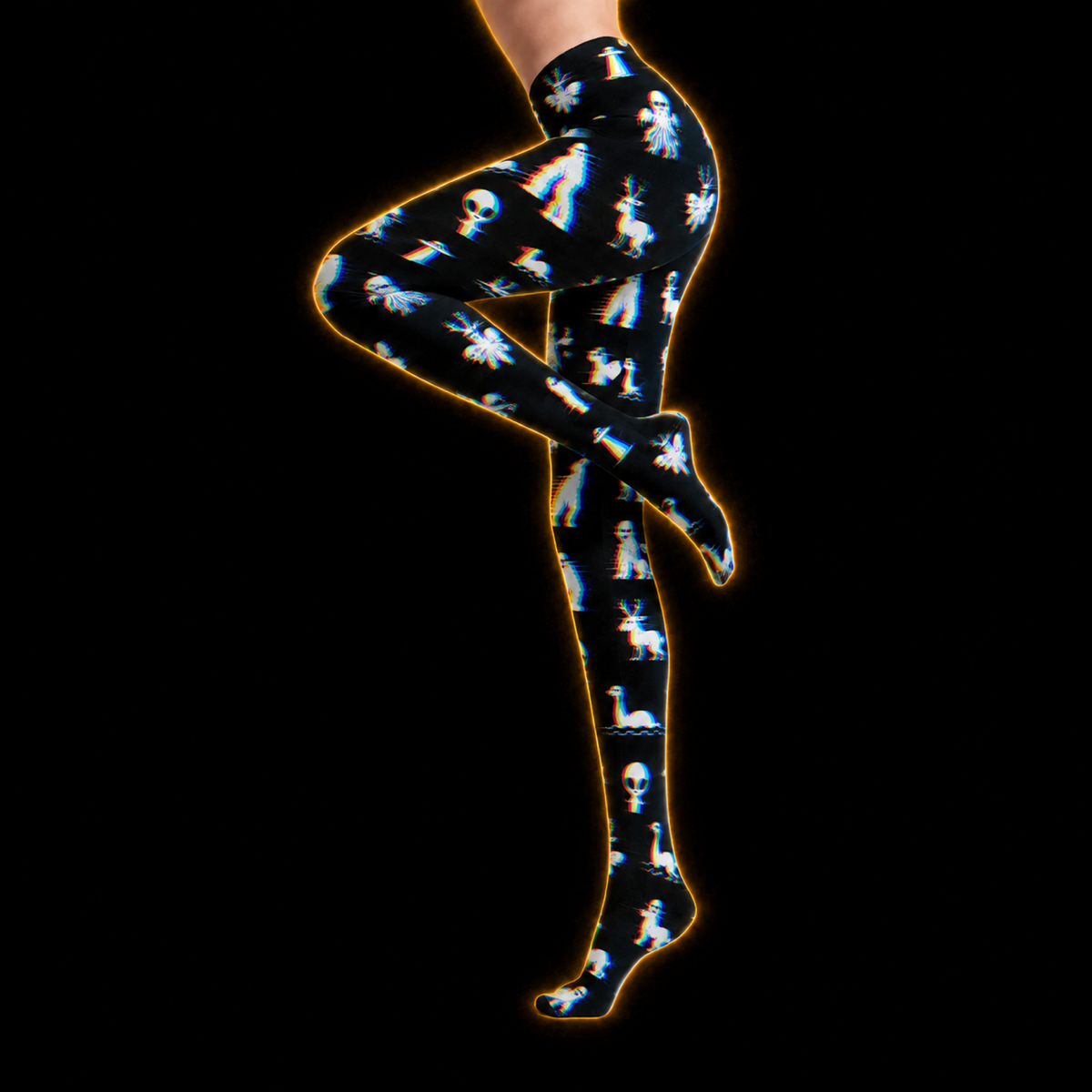 Crosfil Bad Footage Footed Tights — Glitch Cryptid VHS Print