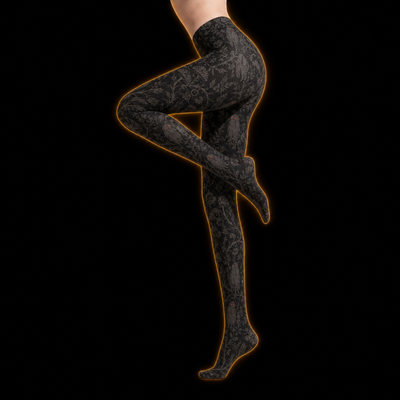 Crosfil Mothman Damask Footed Tights — Black Gothic Floral Cryptid Print