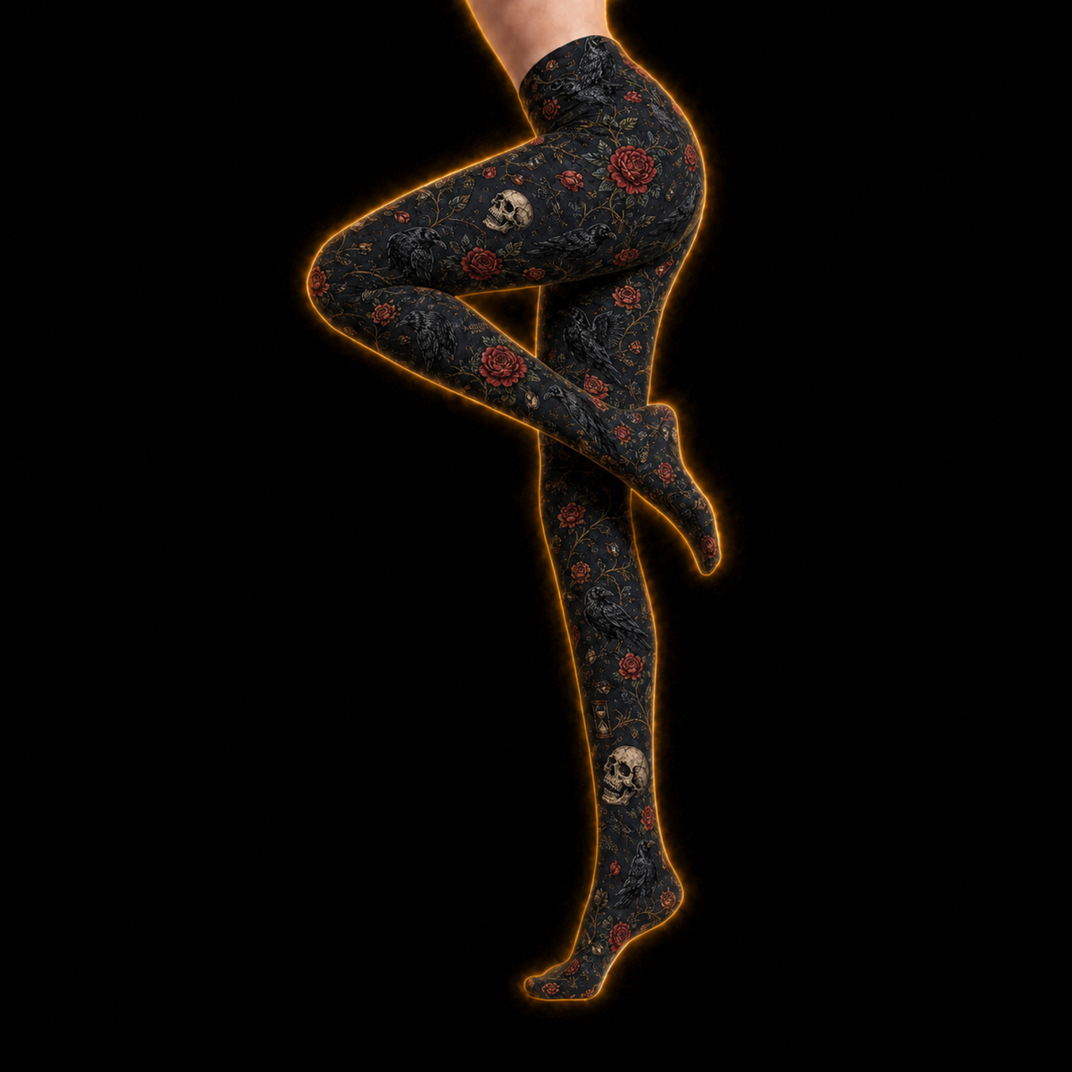 Crosfil Memento Footed Tights — Skulls, Ravens & Roses Gothic Print