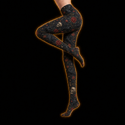 Crosfil Memento Footed Tights — Skulls, Ravens & Roses Gothic Print